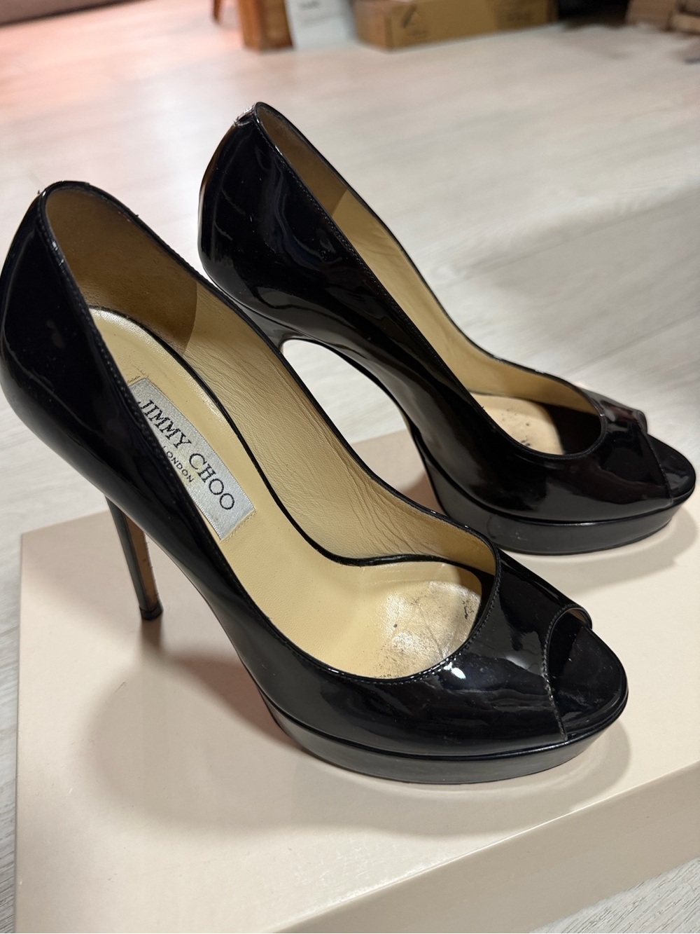 Jimmy Choo Black Patent Leather Peep-Toe Pumps